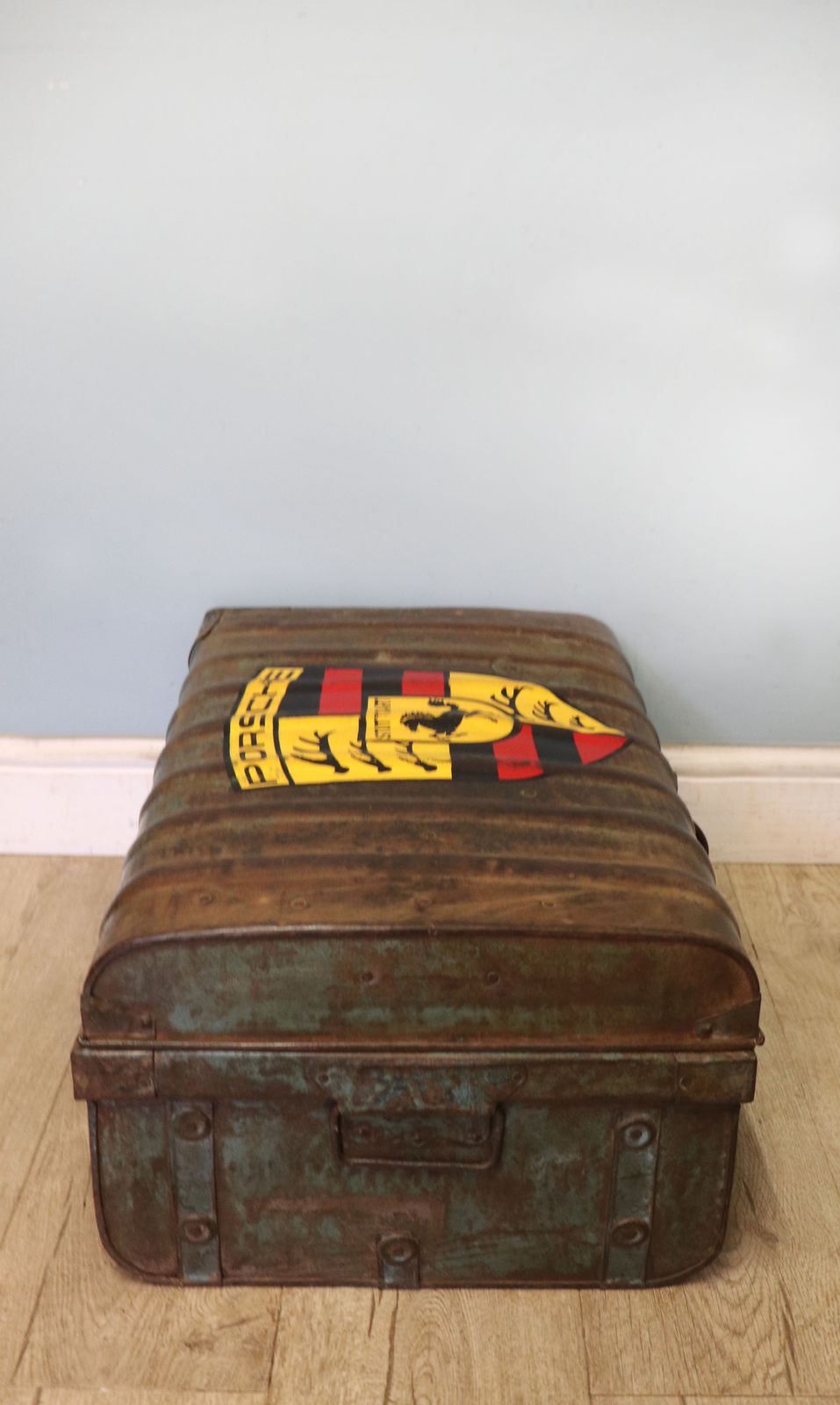 photo furniture A Lovely Vintage Metal Trunk Which Has Been Later Hand Sign Written With The Porsche Emblem.