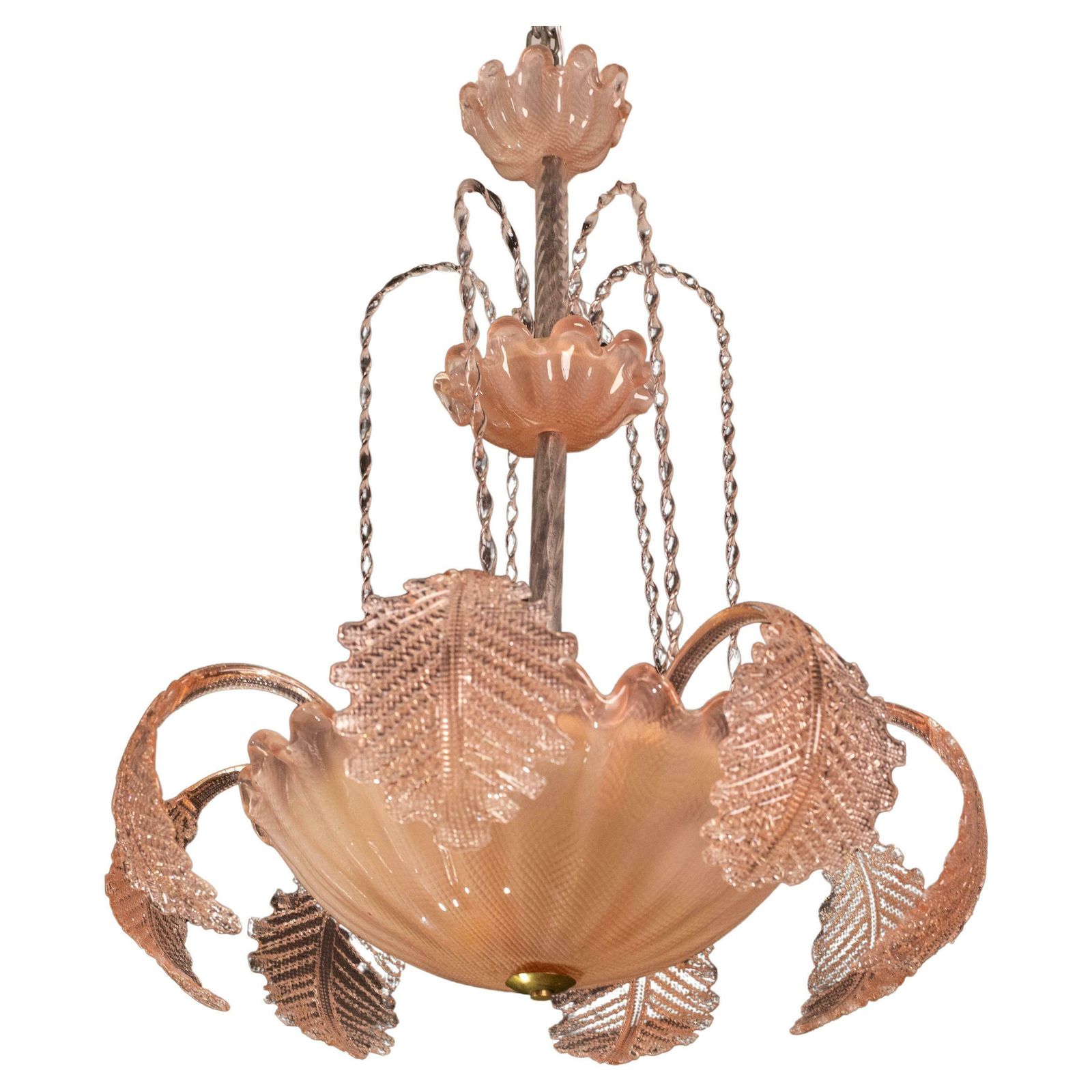 Pink Art Decò Barovier E Toso "Fountain" Pendant Light, Murano Glass, 1940s