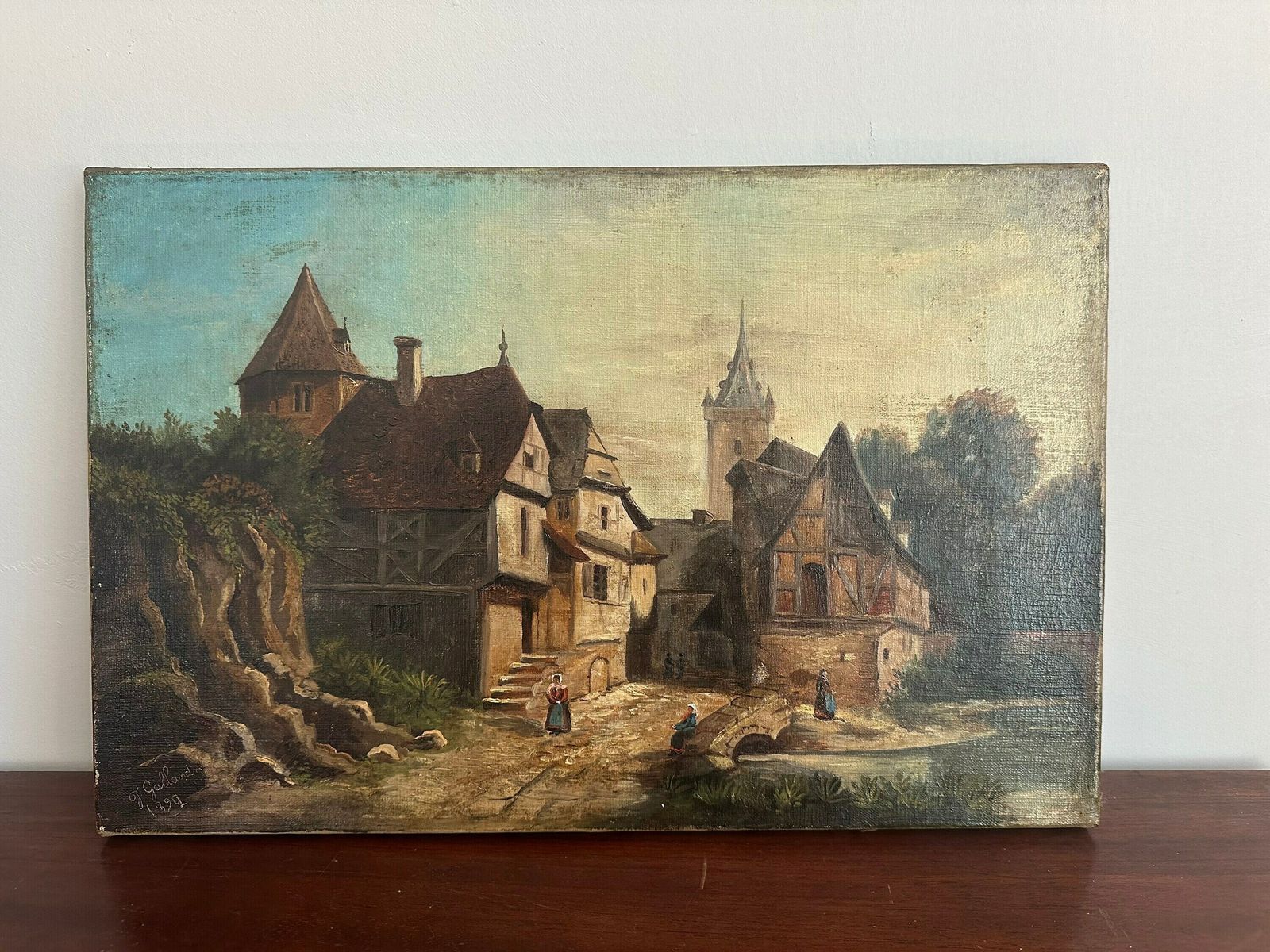 Antique Oil Painting On Canvas, 19thc French School Original Art Signed J.Galland, Village Painting