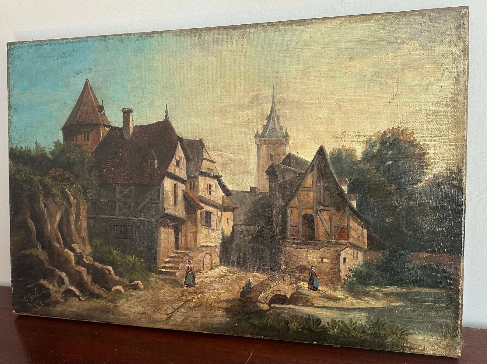 Antique Oil Painting On Canvas, 19thc French School Original Art Signed J.Galland, Village Painting photo furniture