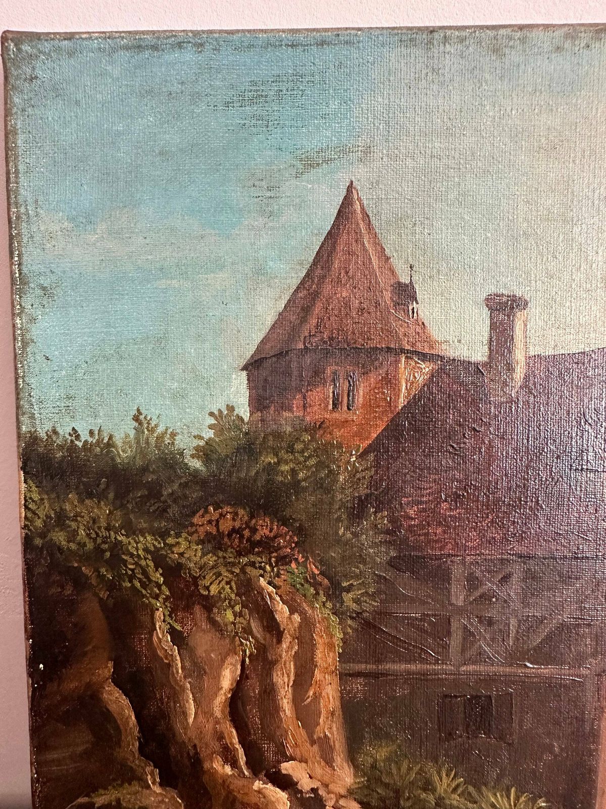 Antique Oil Painting On Canvas, 19thc French School Original Art Signed J.Galland, Village Painting photo 270.0