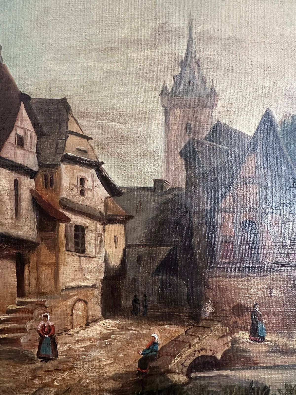 Antique Oil Painting On Canvas, 19thc French School Original Art Signed J.Galland, Village Painting photo vintage