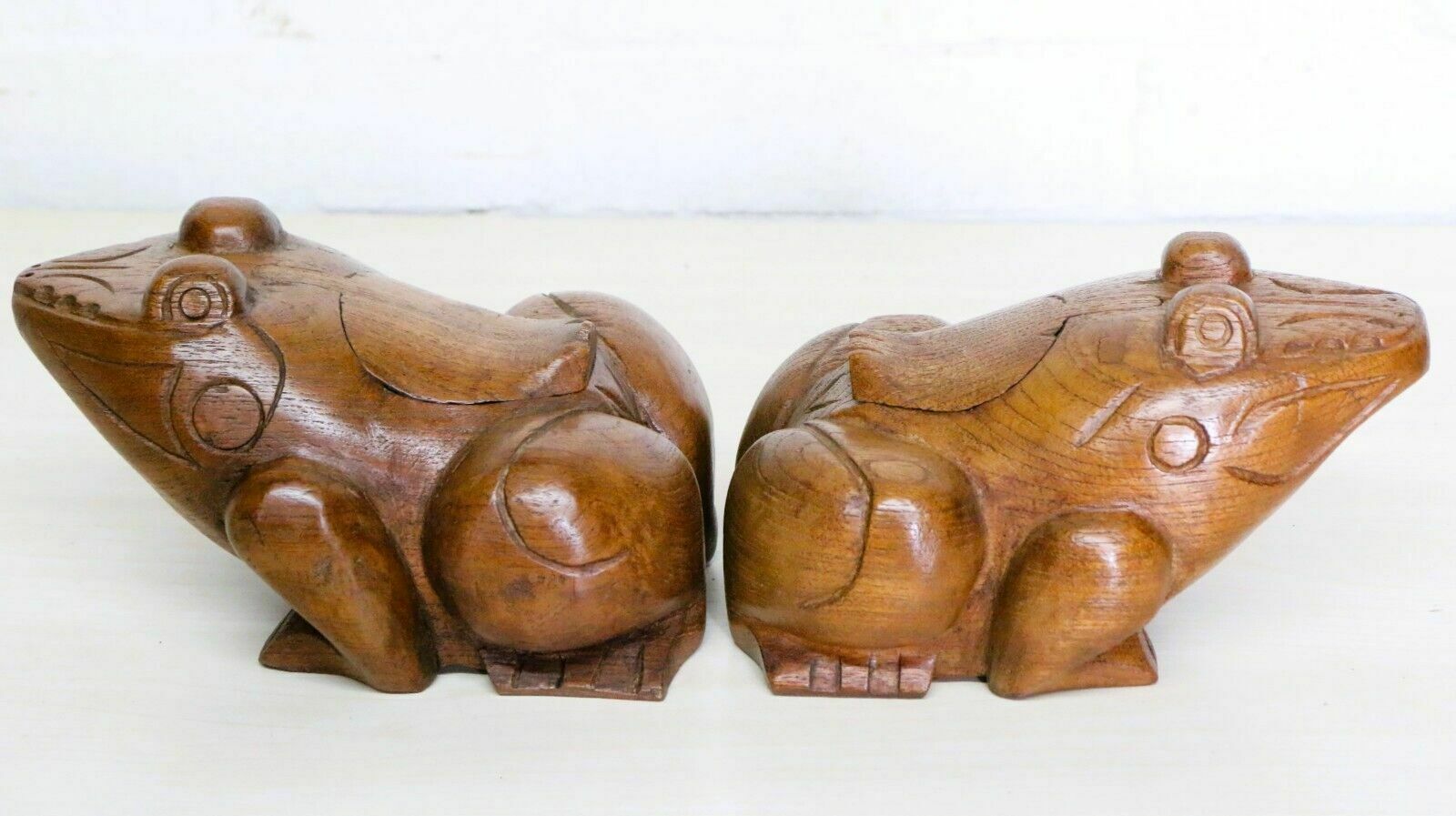 A Pair Of Large Antique Wooden Frog Incense Burners Chinese Carved Teak 1960's