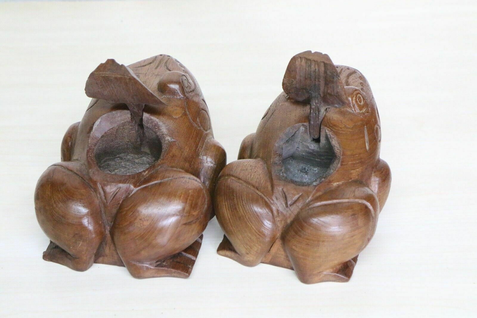 Art A Pair Of Large Antique Wooden Frog Incense Burners Chinese Carved Teak 1960's photo