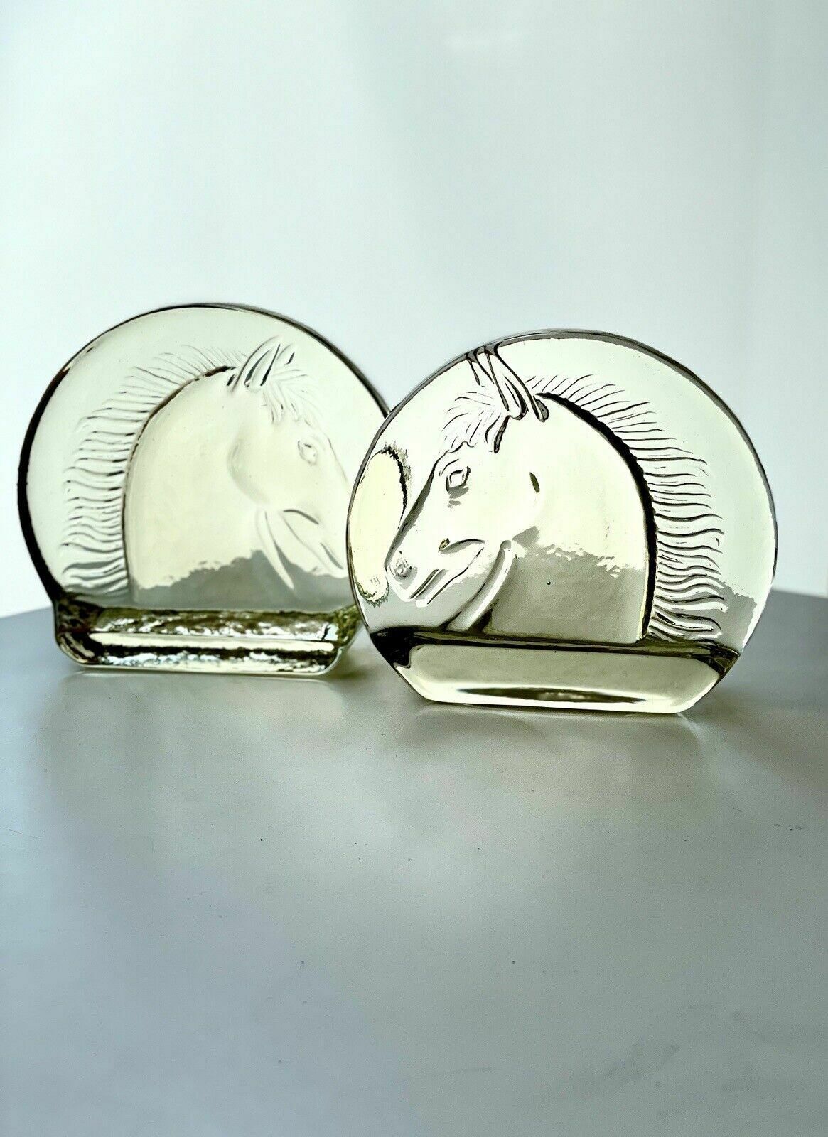 A Pair Of Vintage Depression Glass Horse Head Bookends In Pale Yellow photo furniture