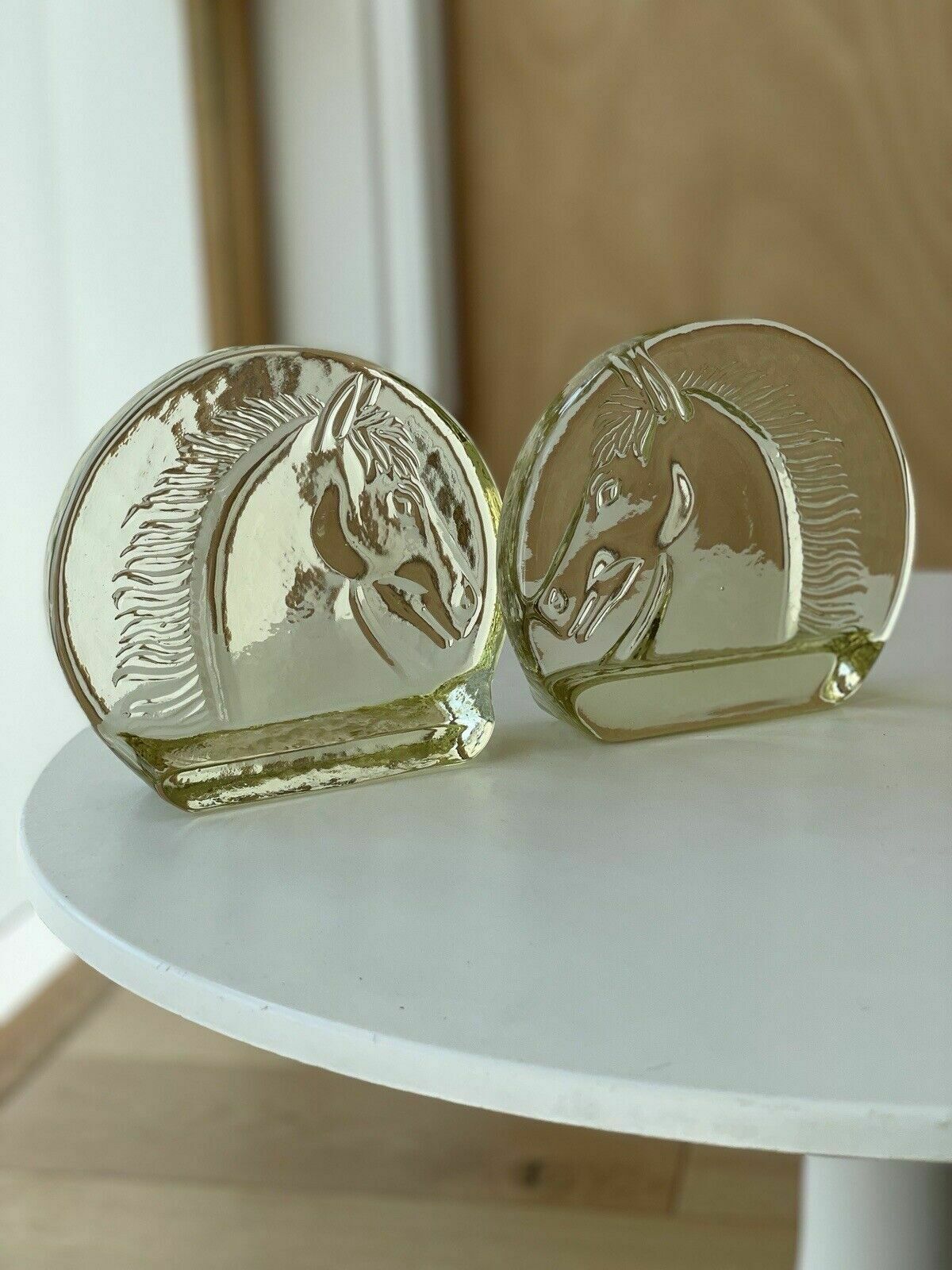 A Pair Of Vintage Depression Glass Horse Head Bookends In Pale Yellow photo 60.0