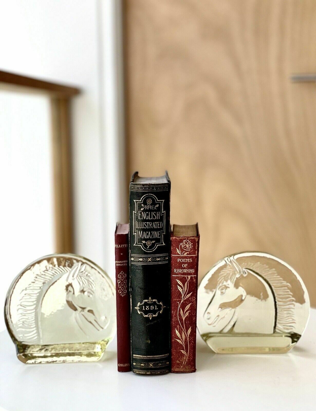 60.0 A Pair Of Vintage Depression Glass Horse Head Bookends In Pale Yellow photo
