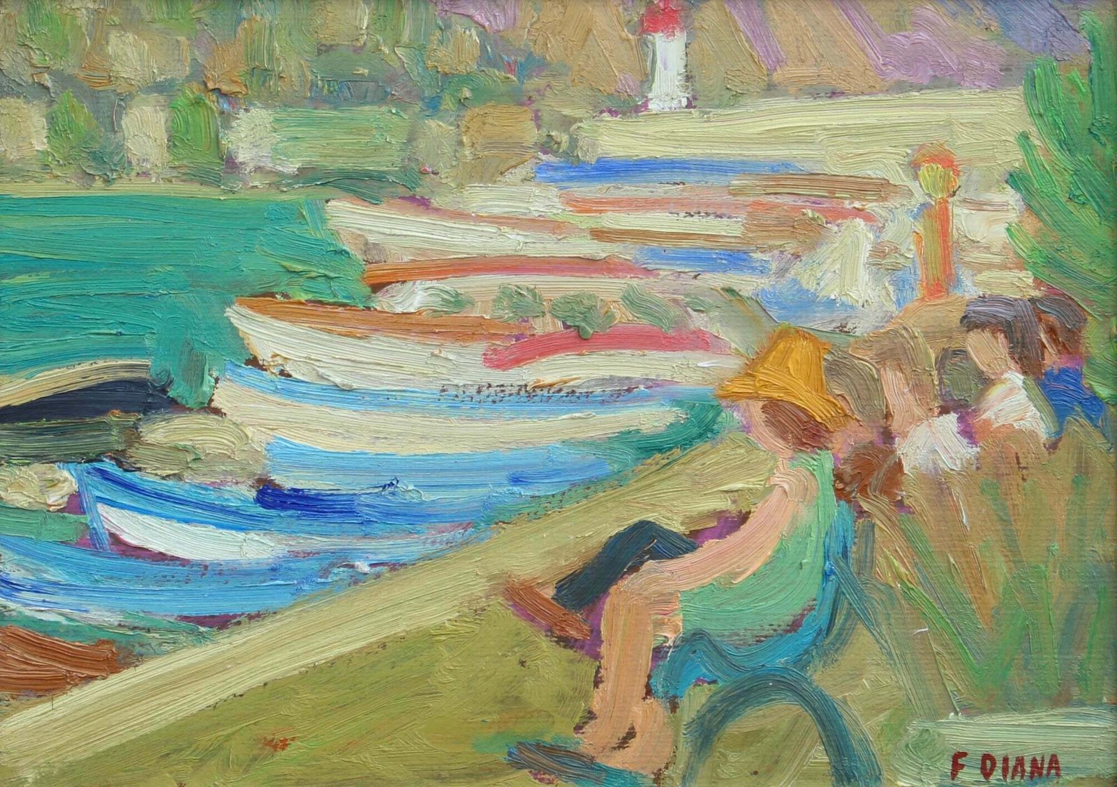 'Family Seated On A Bench At The Port' By François Diana (Circa 1970s) photo for sale
