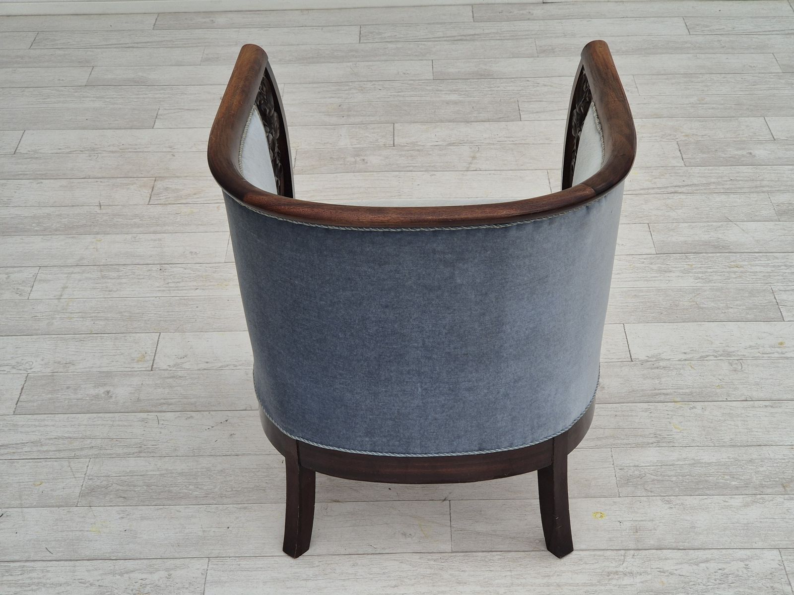 1950s, Danish Lounge Chair, Original Condition, Light Blue Furniture Velour. photo vinterior
