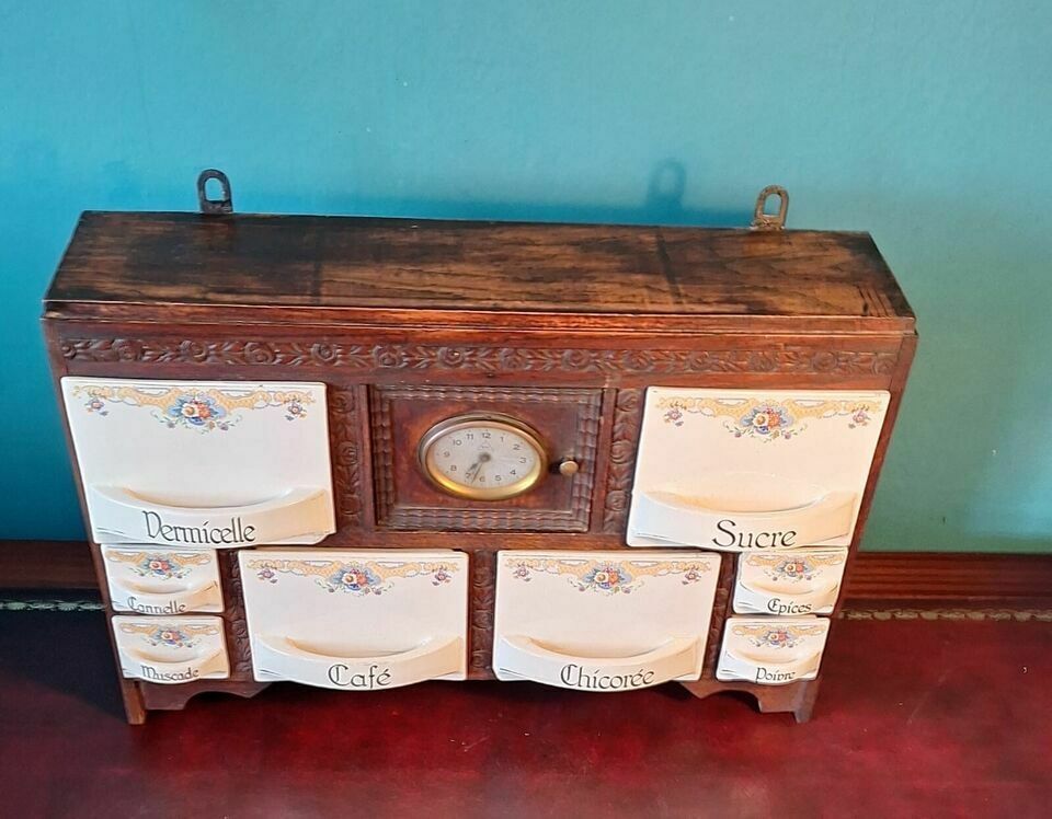 Antique Dutch Spice Cabinet Made In Belgium With Hand Painted Ceramic Drawers photo for sale
