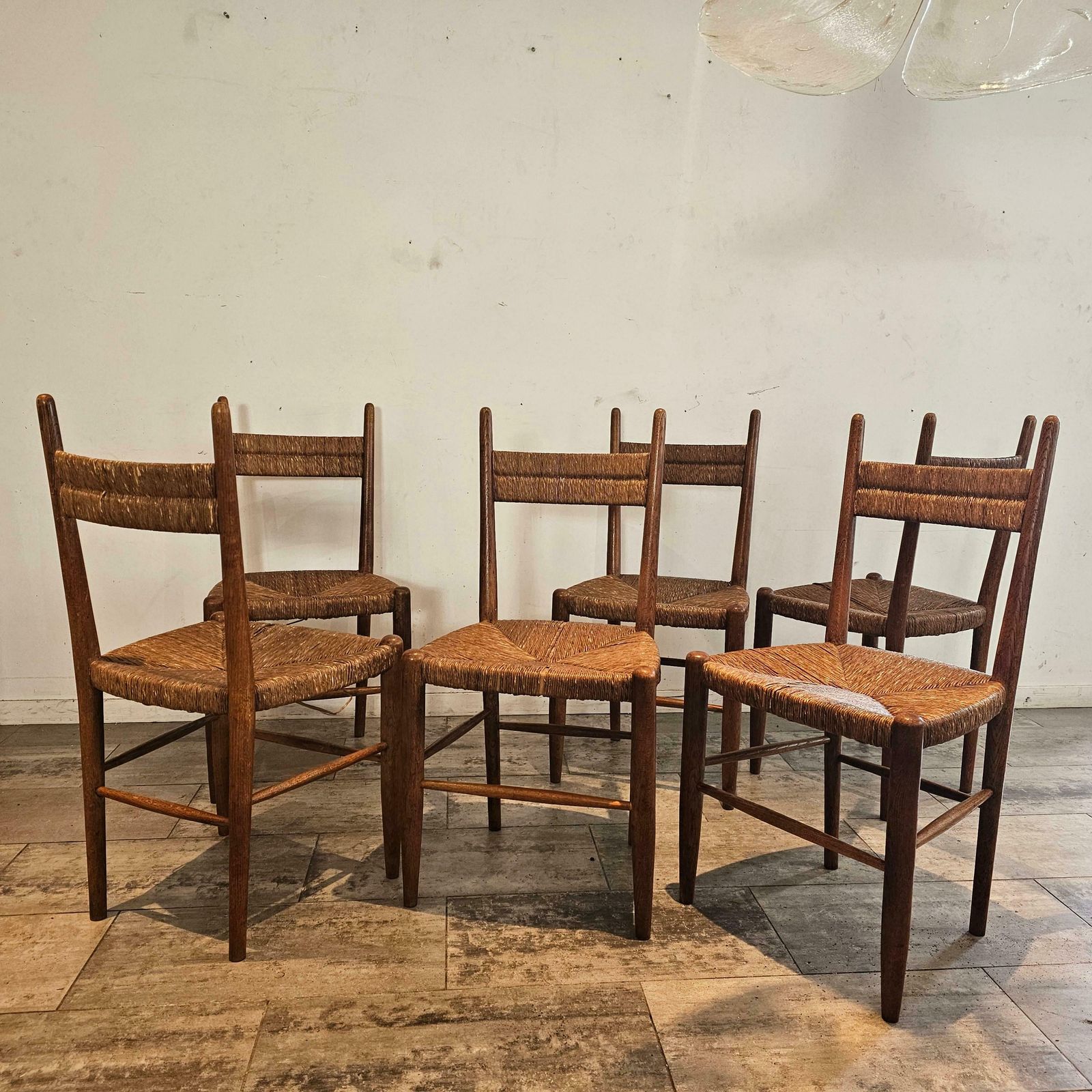 Set Of 6 French Chairs In Teak And Straw Woven Seatings photo for sale