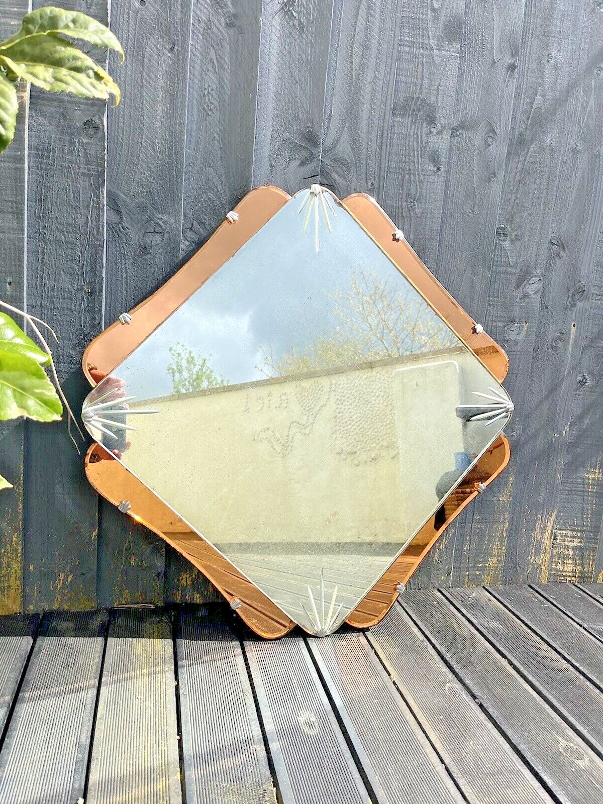 Huge 28" Beautiful 1930's Art Deco Over Mantel Mirror Copper Peach Starburst photo for sale