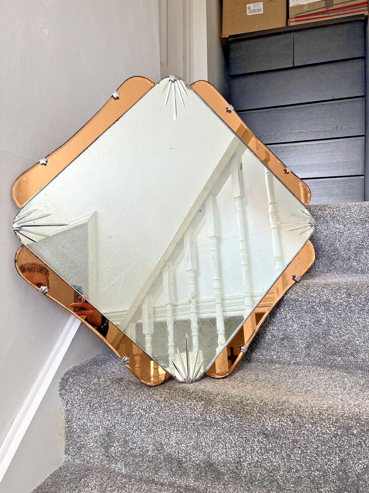 Huge 28" Beautiful 1930's Art Deco Over Mantel Mirror Copper Peach Starburst photo vintage