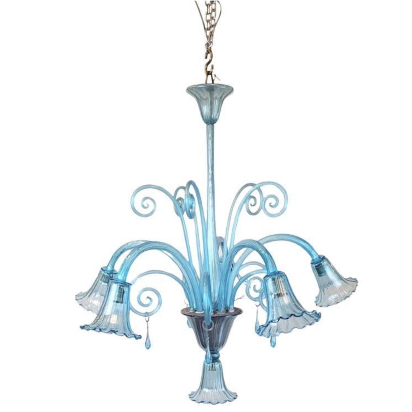 Murano Blue Glass Chandelier – 5 Arms Of Light, 1940s