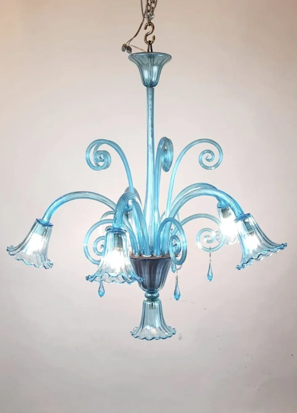 Murano Blue Glass Chandelier – 5 Arms Of Light, 1940s photo Lighting