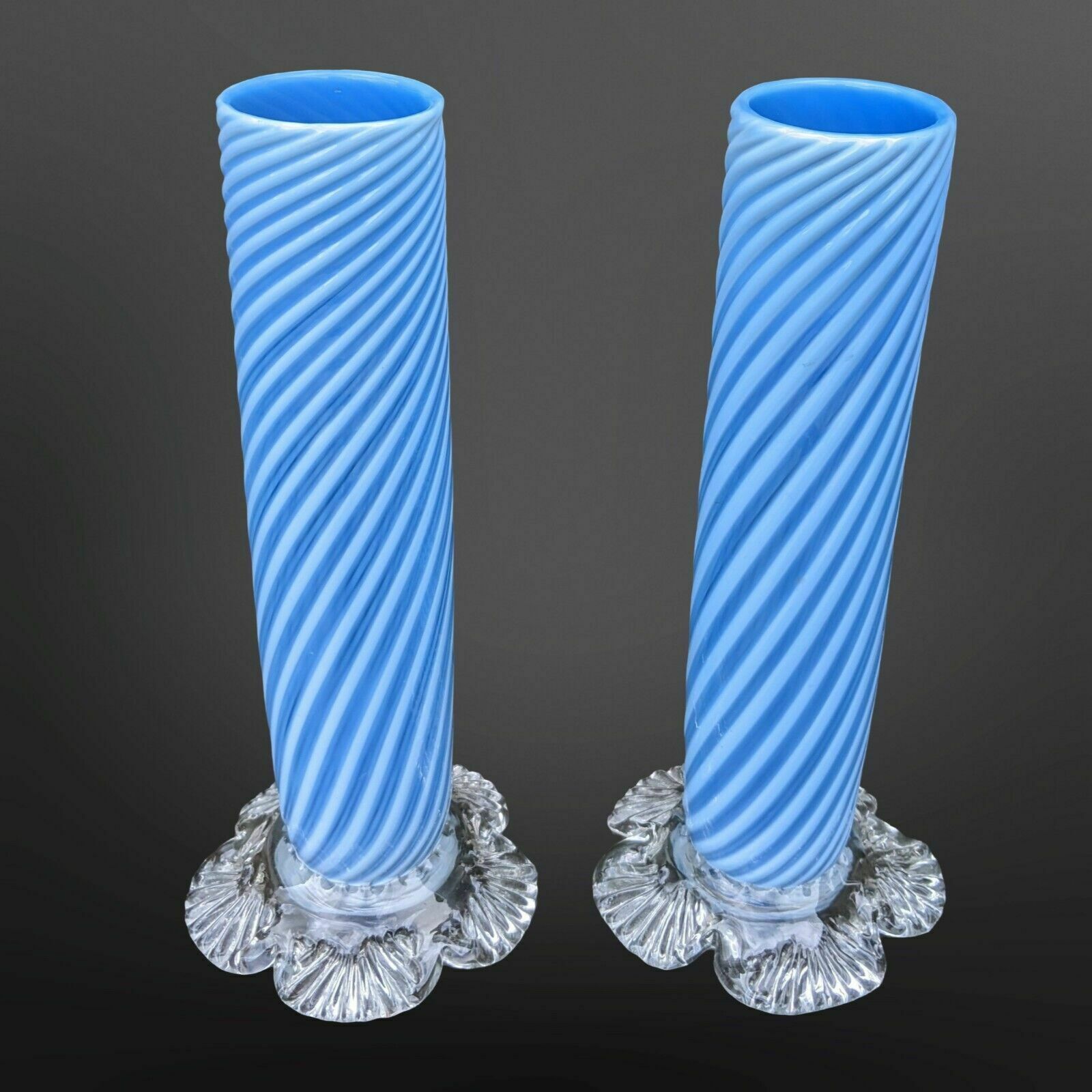 Beautiful Pair Of Victorian Blue Spiral Glass Vases