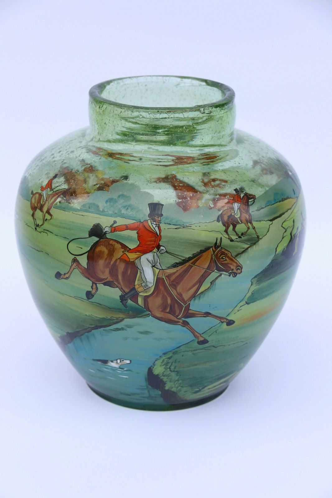 An Outstanding Large Bohemian Hand Blown Green Glass Vase Decorated With A Superb Hand Painted Enamelled Fox Hunting Scene.