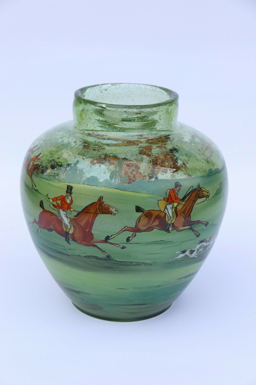 An Outstanding Large Bohemian Hand Blown Green Glass Vase Decorated With A Superb Hand Painted Enamelled Fox Hunting Scene. photo vinterior