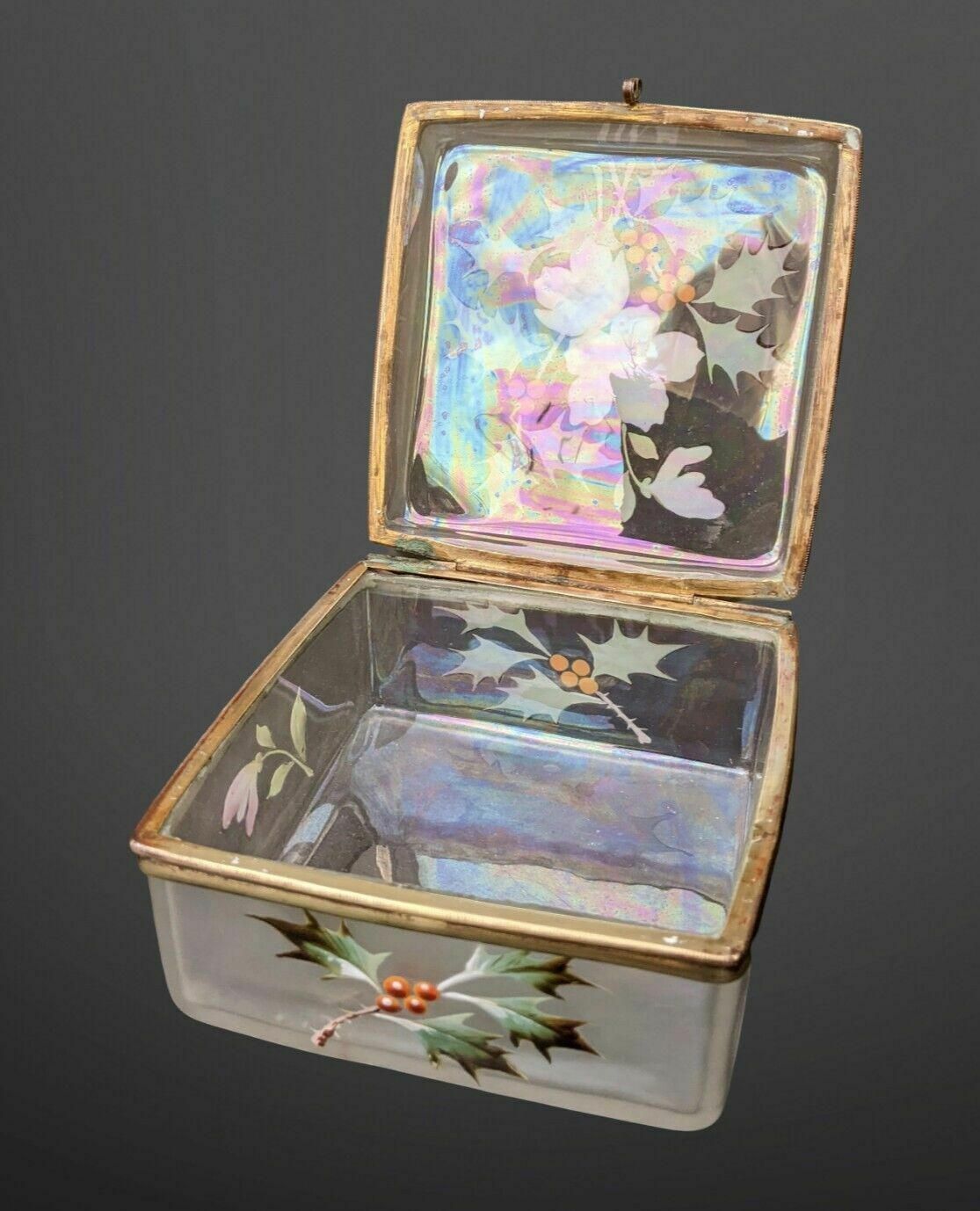 Pretty Victorian Iridescent Glass Jewellery Box Hand Enamelled photo furniture
