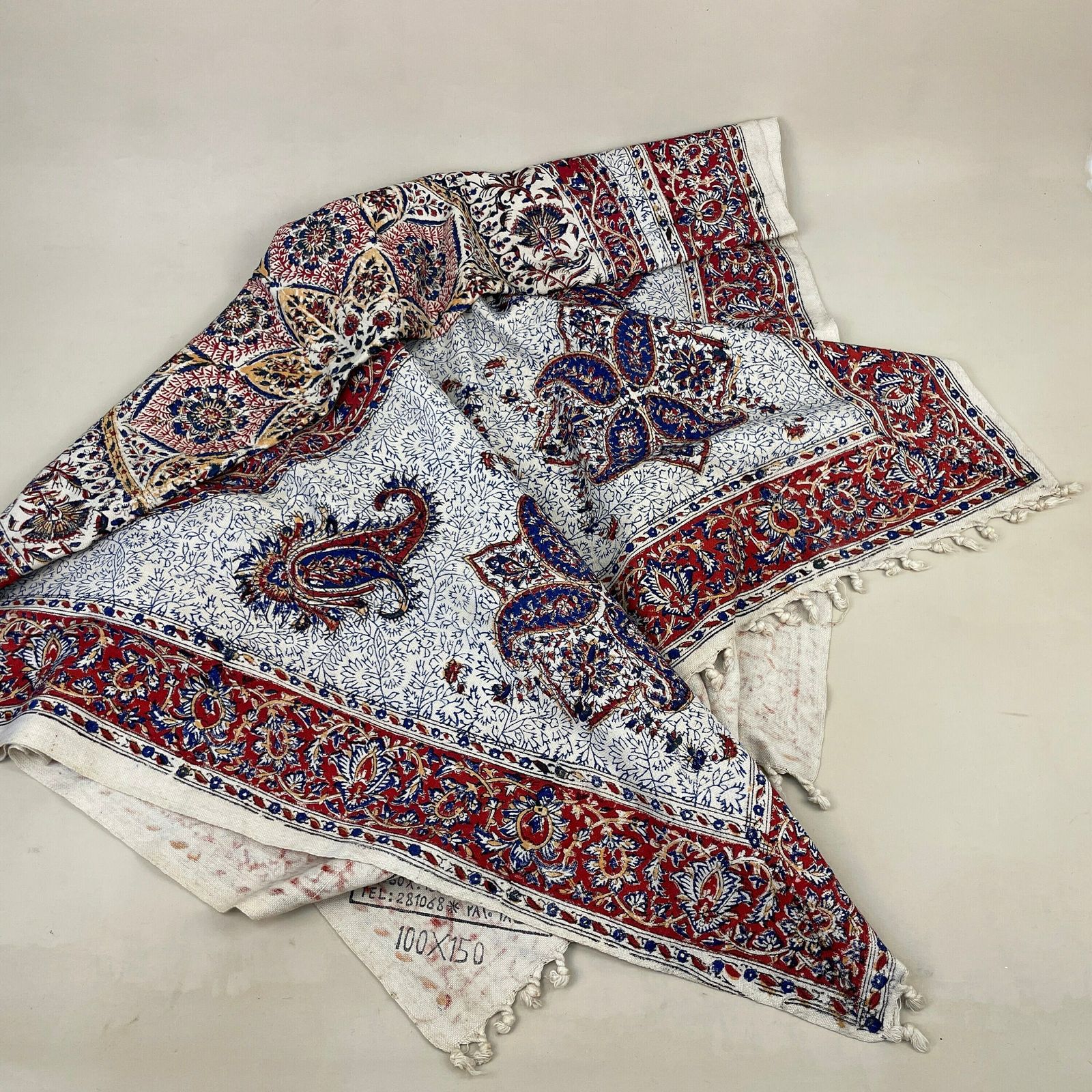 Asian Fabric Throw Blanket Hand Printed Paisley Pattern Tassels Cover Handmade Tapestry 150x94cm Quilt Blue Red Fabric photo for sale
