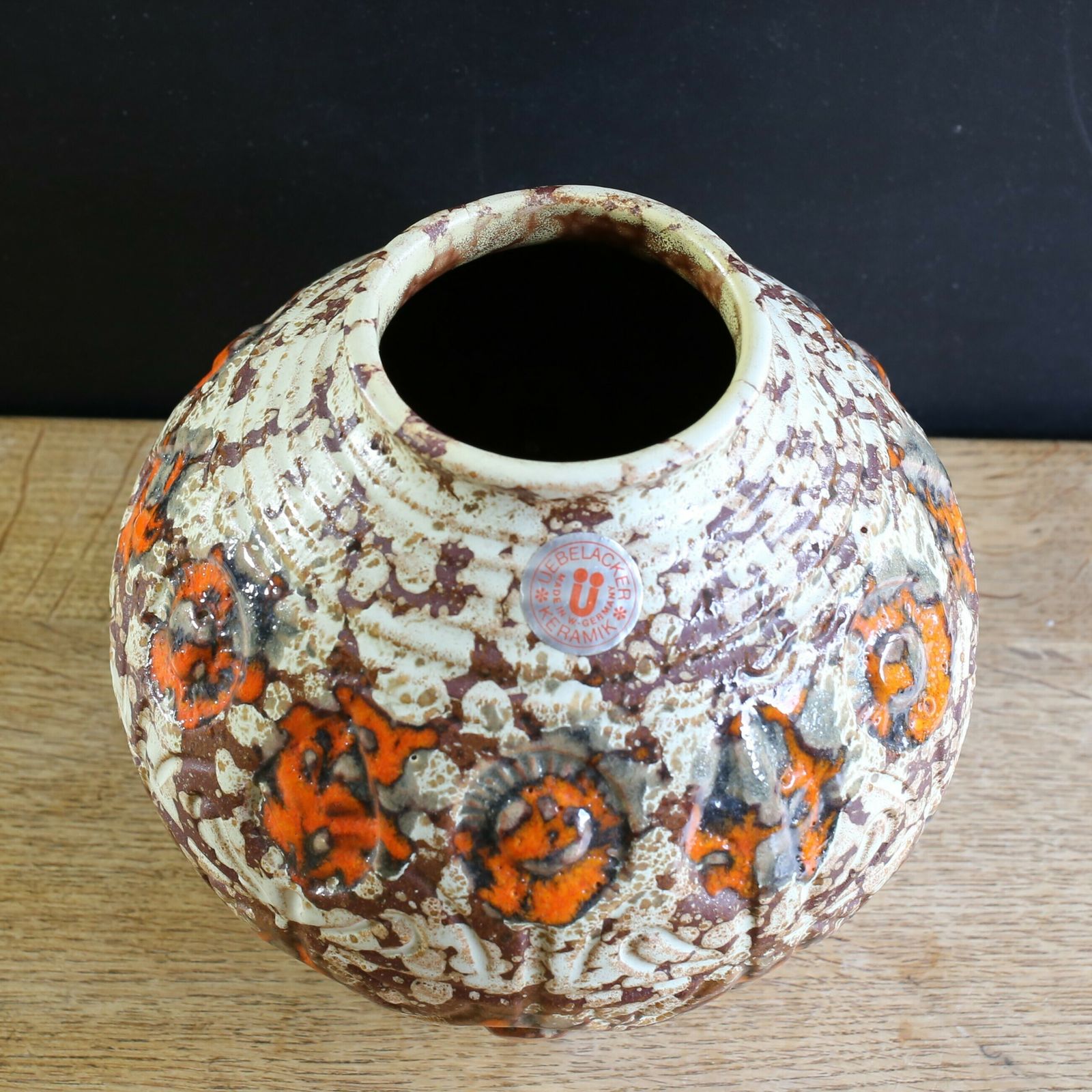 West German Pottery U Keramik Orange Fat Lava Vase With Original Foil Sticker C 1960s photo furniture