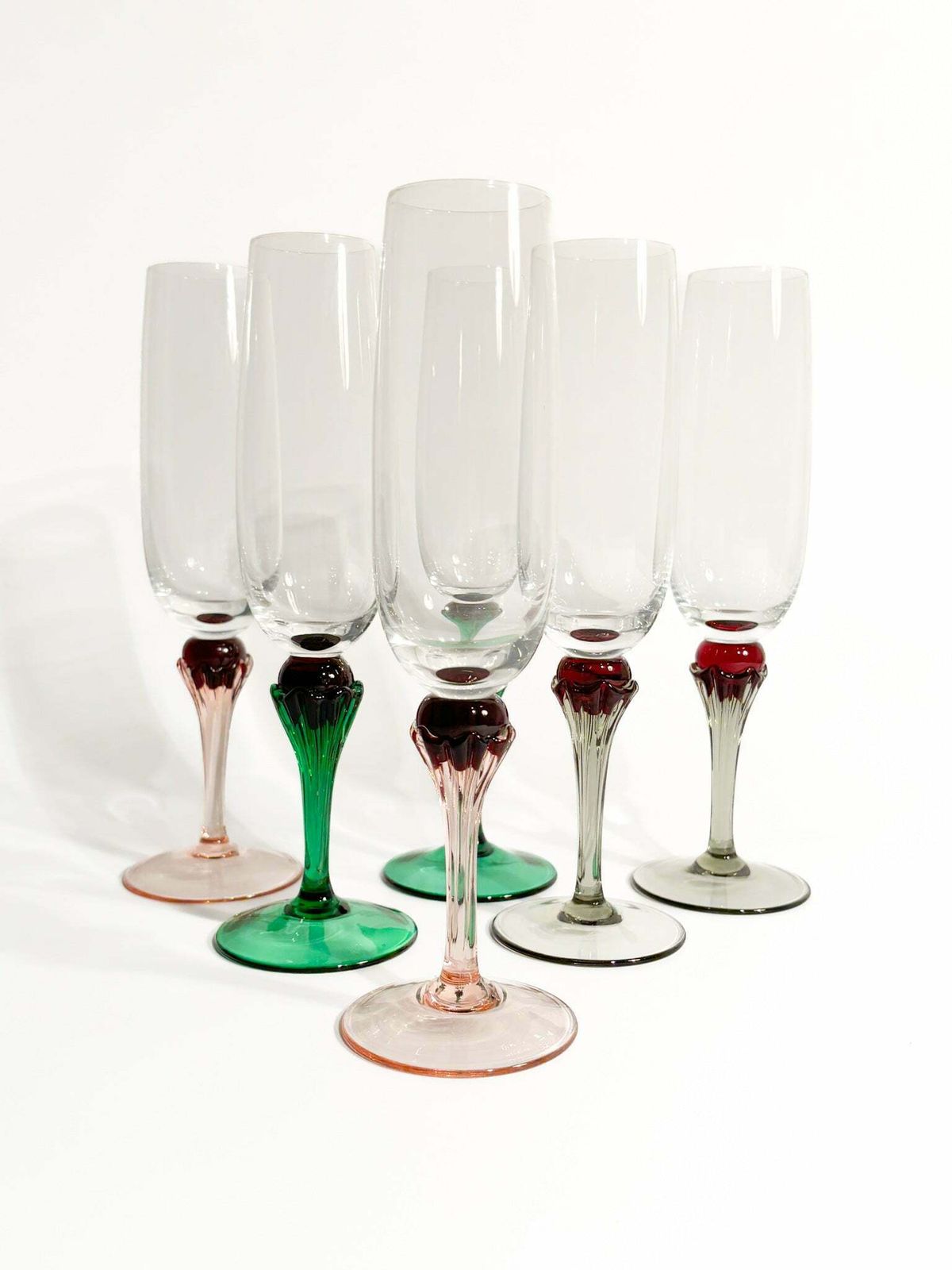 Set Of Six Multicolored Murano Glass Goblets From The 1980s