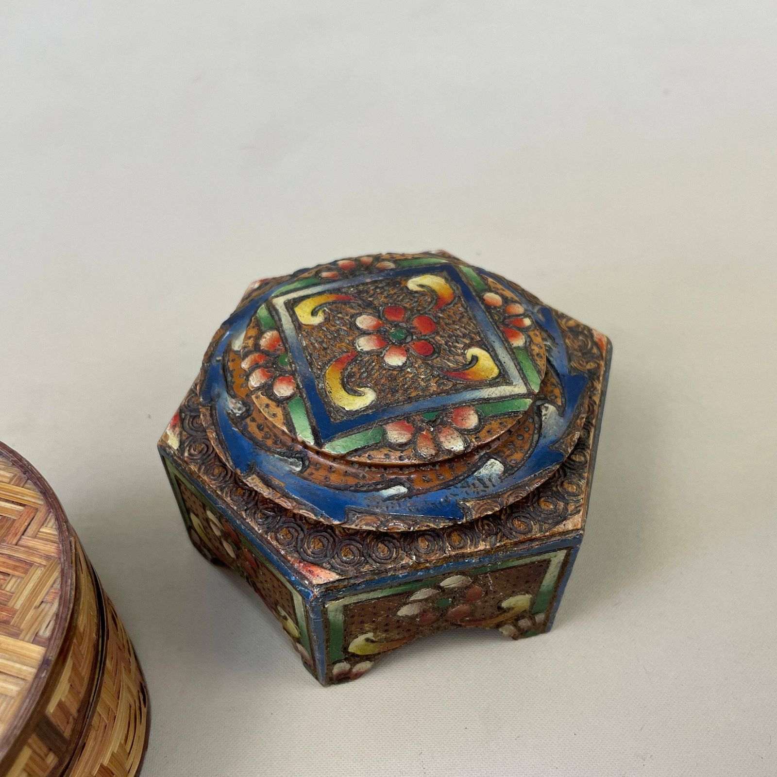 Two Antique Wooden Boxes Wood Tabletop Desk Vintage Wooden Painted Patterned Pattern Trinket Lid Lidded Box Bamboo Handmade Carved Poke Art photo Home Decor