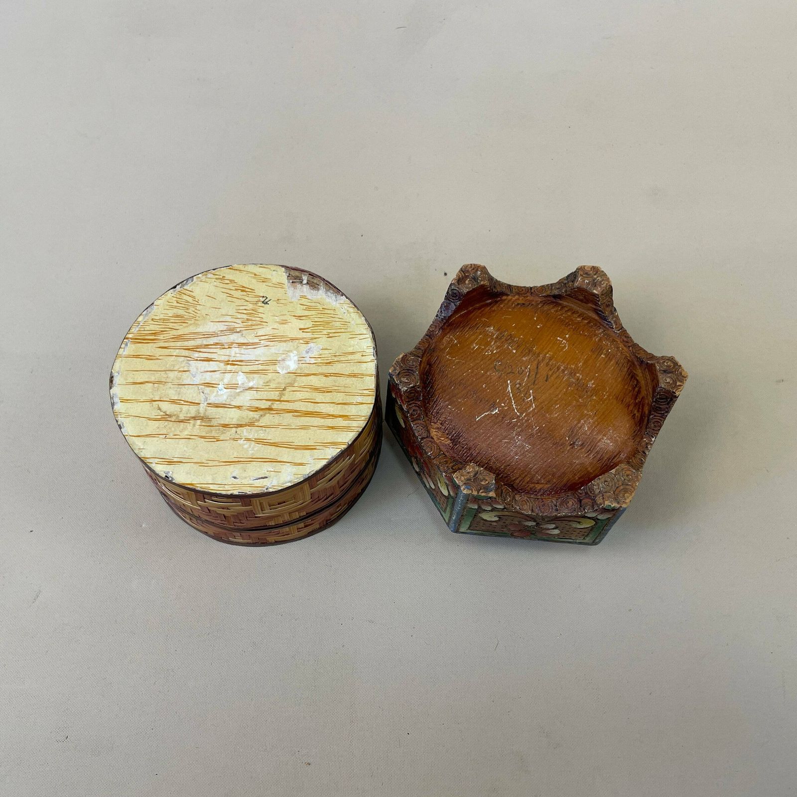 Two Antique Wooden Boxes Wood Tabletop Desk Vintage Wooden Painted Patterned Pattern Trinket Lid Lidded Box Bamboo Handmade Carved Poke Art photo buy