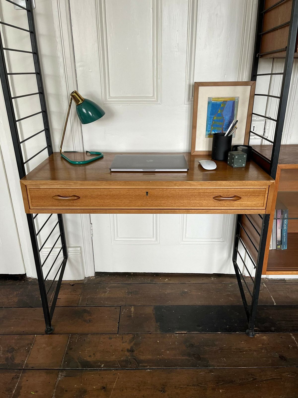 Ladderax Mid Century Shelving System   Modular Teak Shelves And Cabinets / Desk With Black Steel Ladder Supports, By Staples For Heals photo Furniture