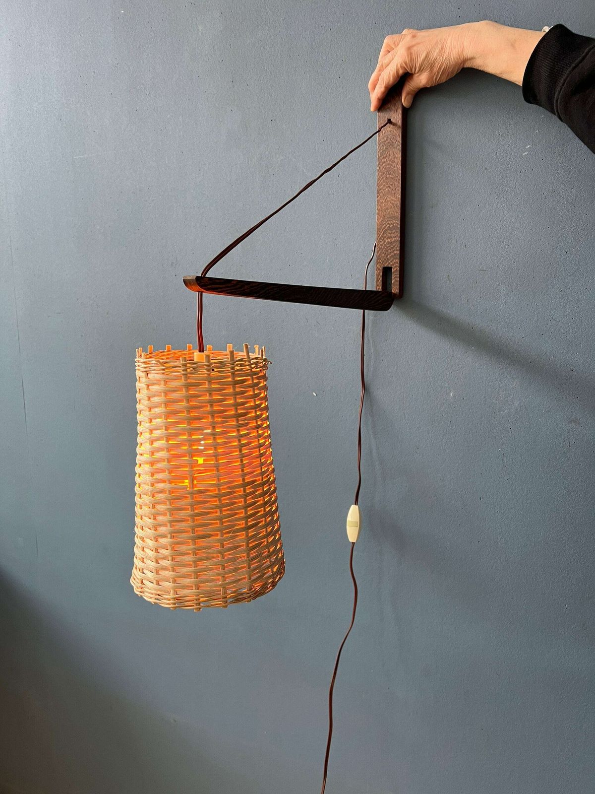Mid Century Danish Teak Wood Fishing Rod Wall Lamp With Reed Shade photo furniture