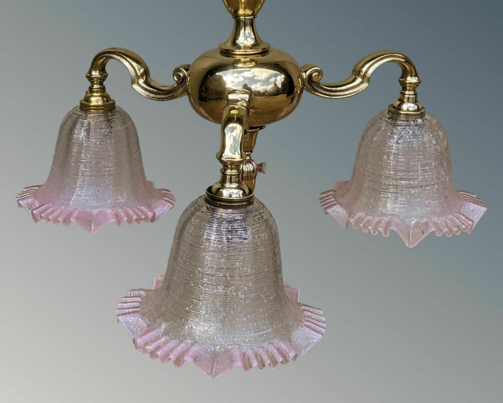 Pretty Antique Brass Chandelier Pink Crimped Glass photo Lighting