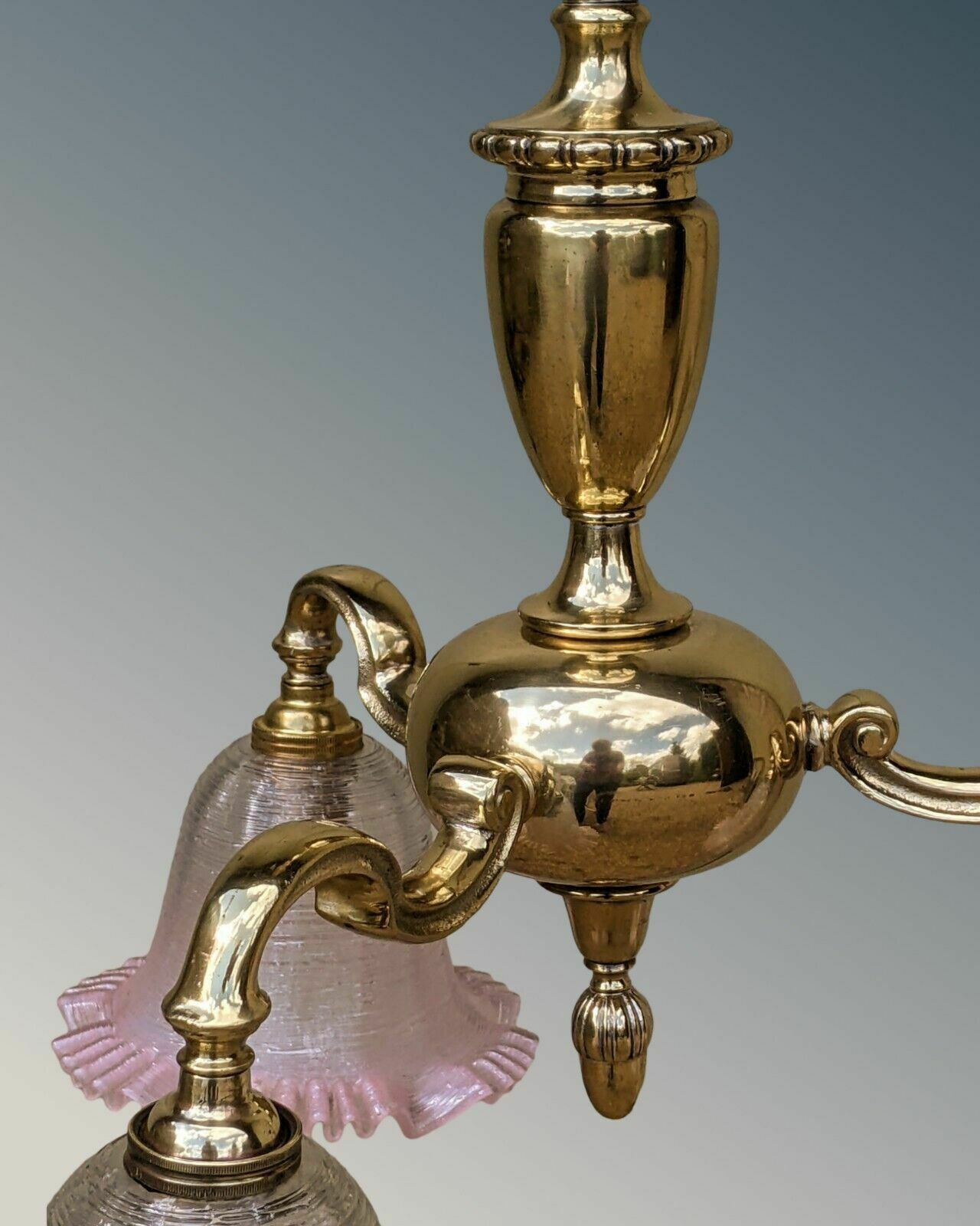 Pretty Antique Brass Chandelier Pink Crimped Glass photo 485.0