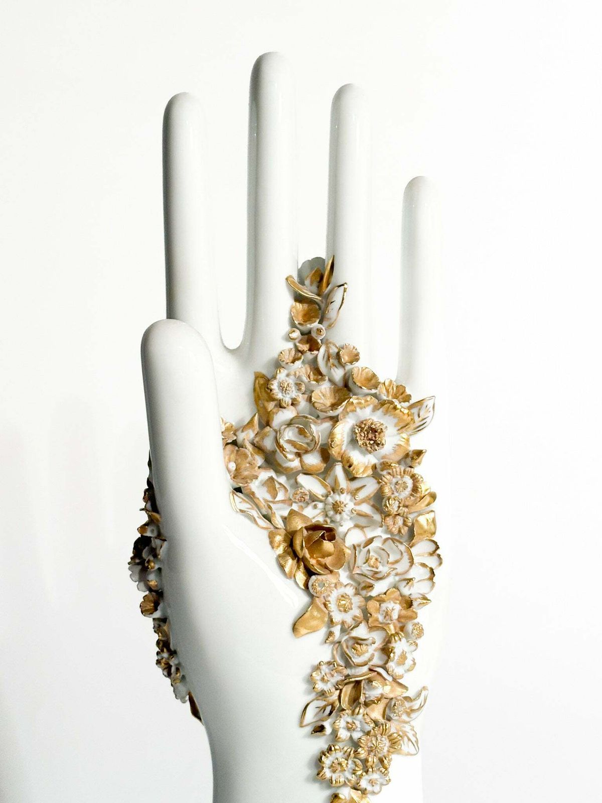 White And Gold Flowered Hand Art By Gio Ponti For Richard Ginori 1980s photo vinterior