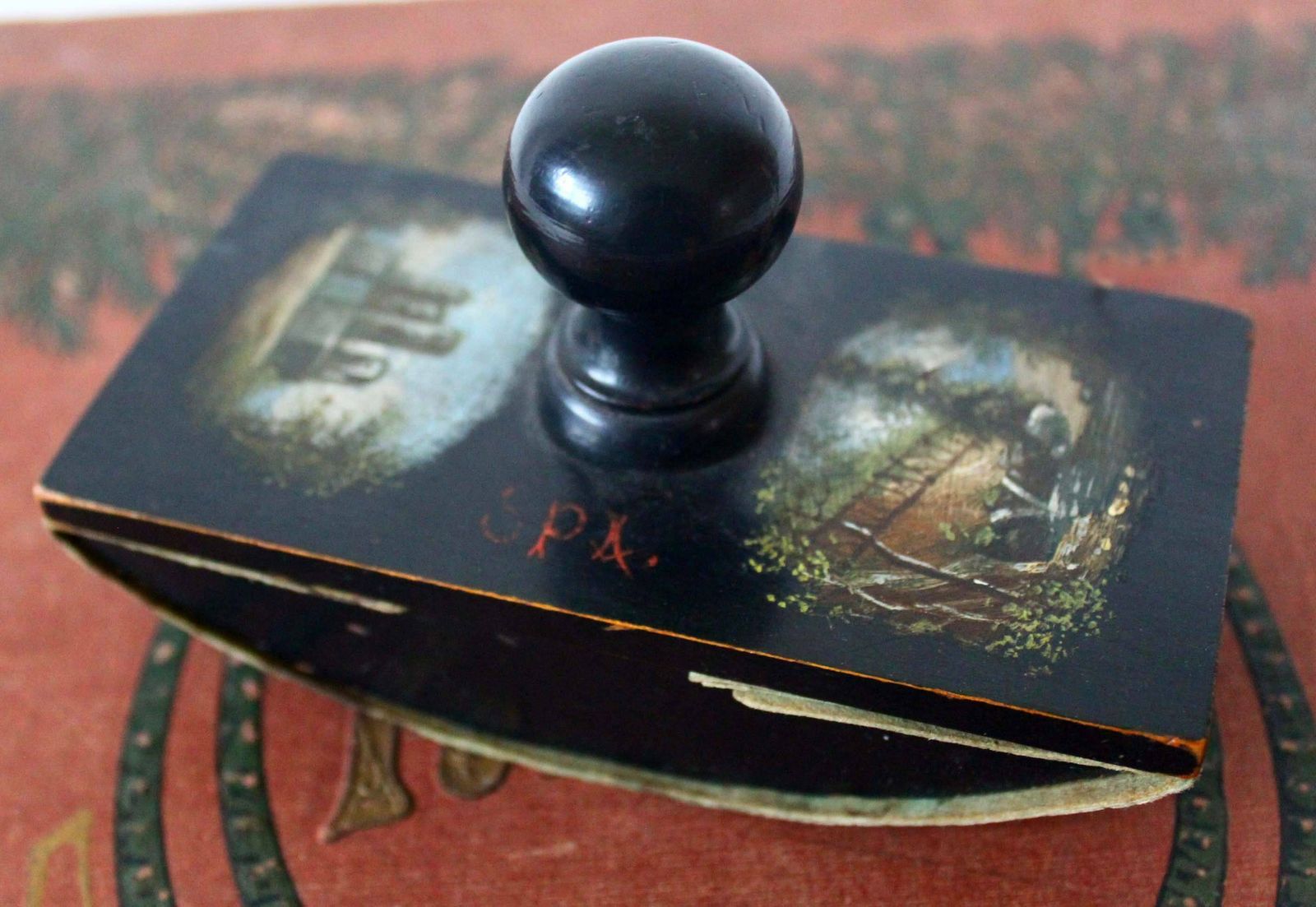 Antique 19th Century Hand Painted Wood Ink Blotter, Bois De Spa, Wood From Spa Belgium, Collectable, Miniature Paintings, Desk Accessoryy