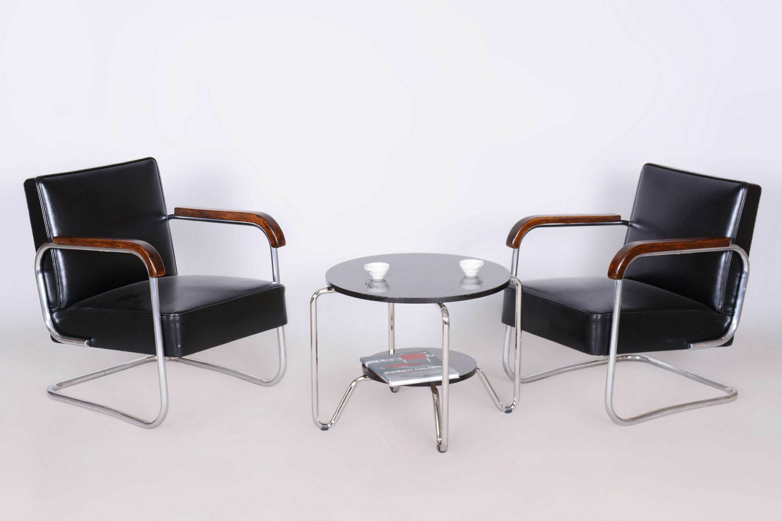 Set Of Two Restored Bauhaus Armchairs, Chrome, Beech, Cowhide, Czech, 1930s photo furniture