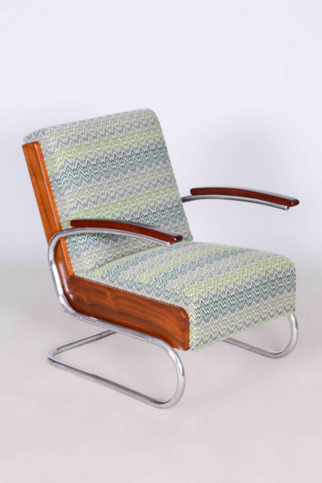 Restored Art Deco Armchair, Beech, Spruce, Walnut, Chrome, Czech, 1930s