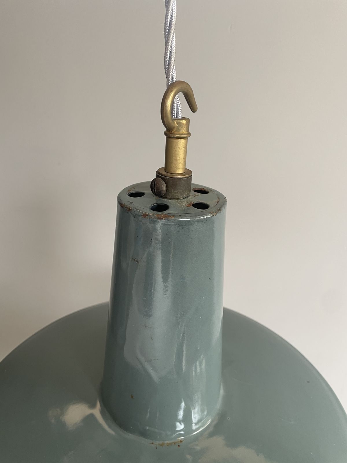 photo for sale Pair Of Large 1930s Factory Pendant Lights Petrol & White