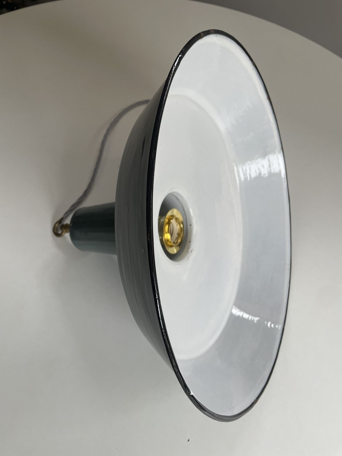 Pair Of Large 1930s Factory Pendant Lights Petrol & White photo 225.0