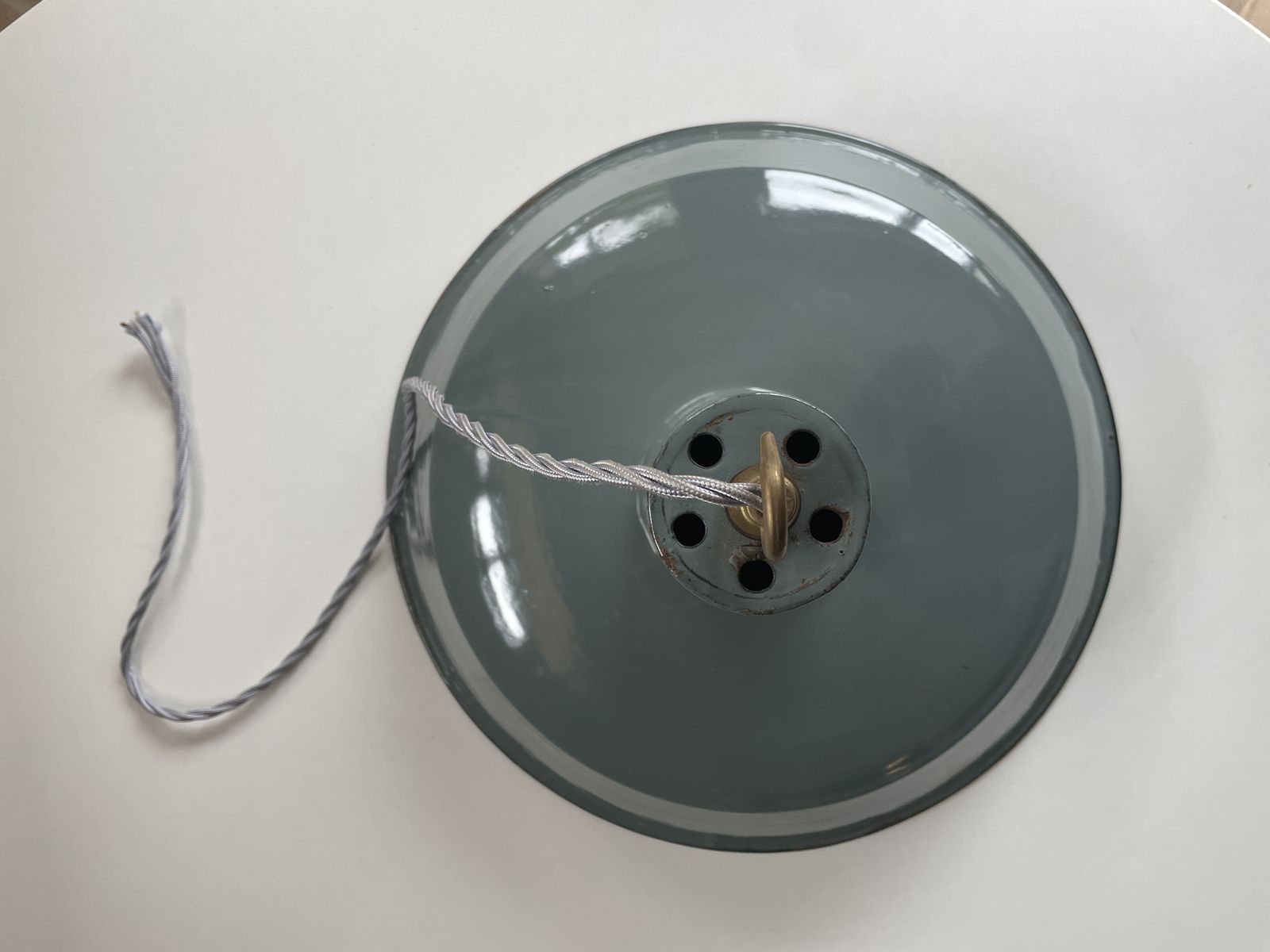 Pair Of Large 1930s Factory Pendant Lights Petrol & White photo Lighting
