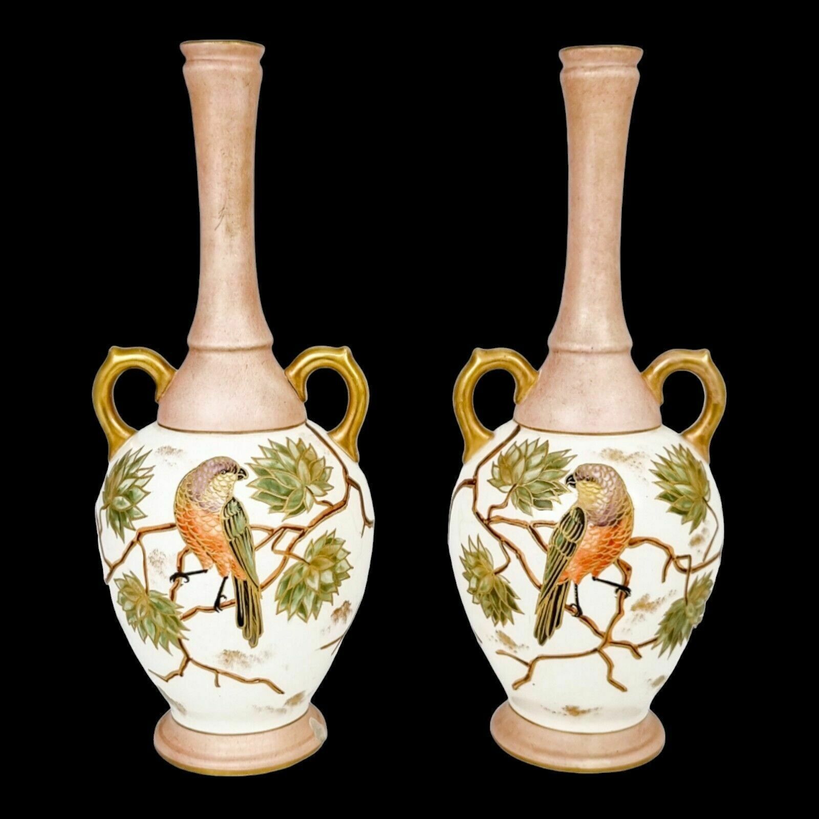Antique 1880's German Franz Anton Mehlem, Royal Bonn Blush Aesthetic Vase Pair