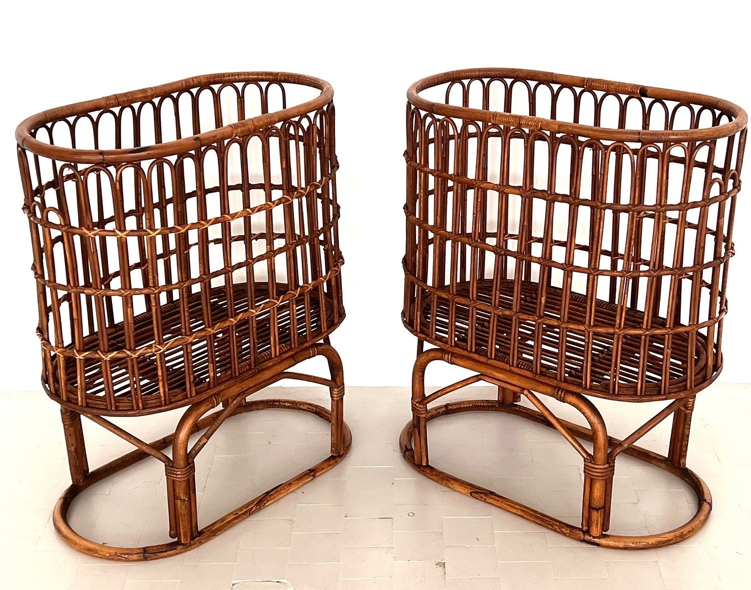 Pair Of French Mid Century Xxl Bamboo Baskets, 1970s photo Home Decor