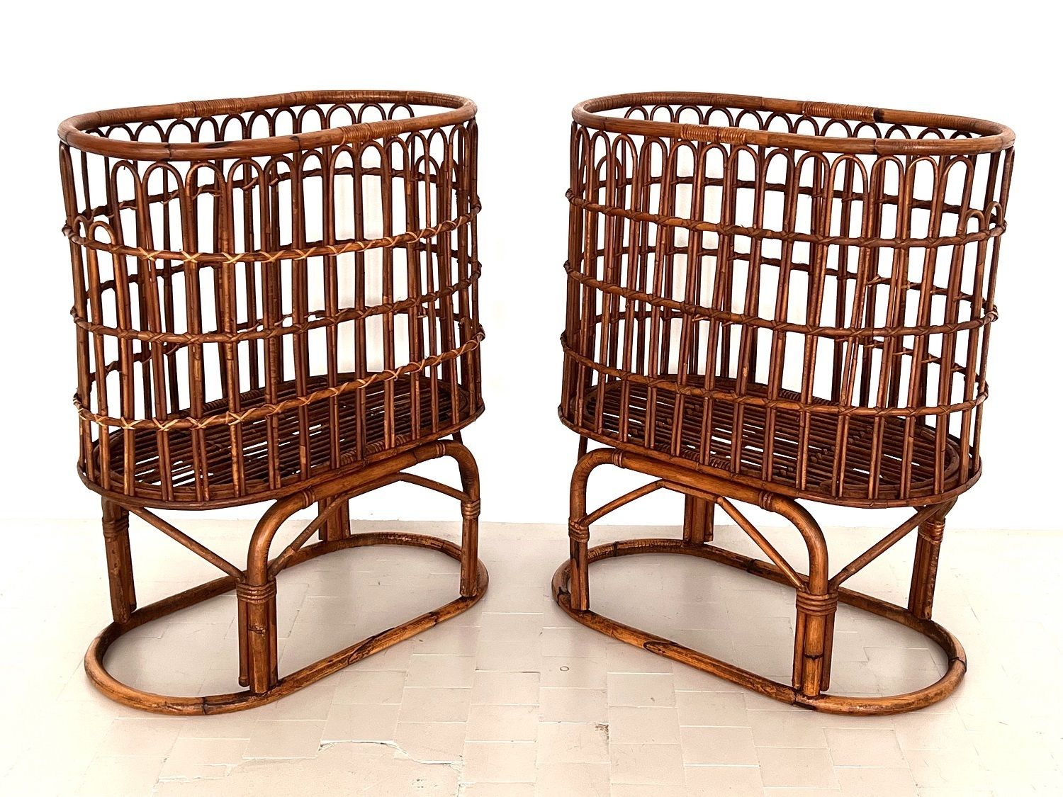 Pair Of French Mid Century Xxl Bamboo Baskets, 1970s photo vintage