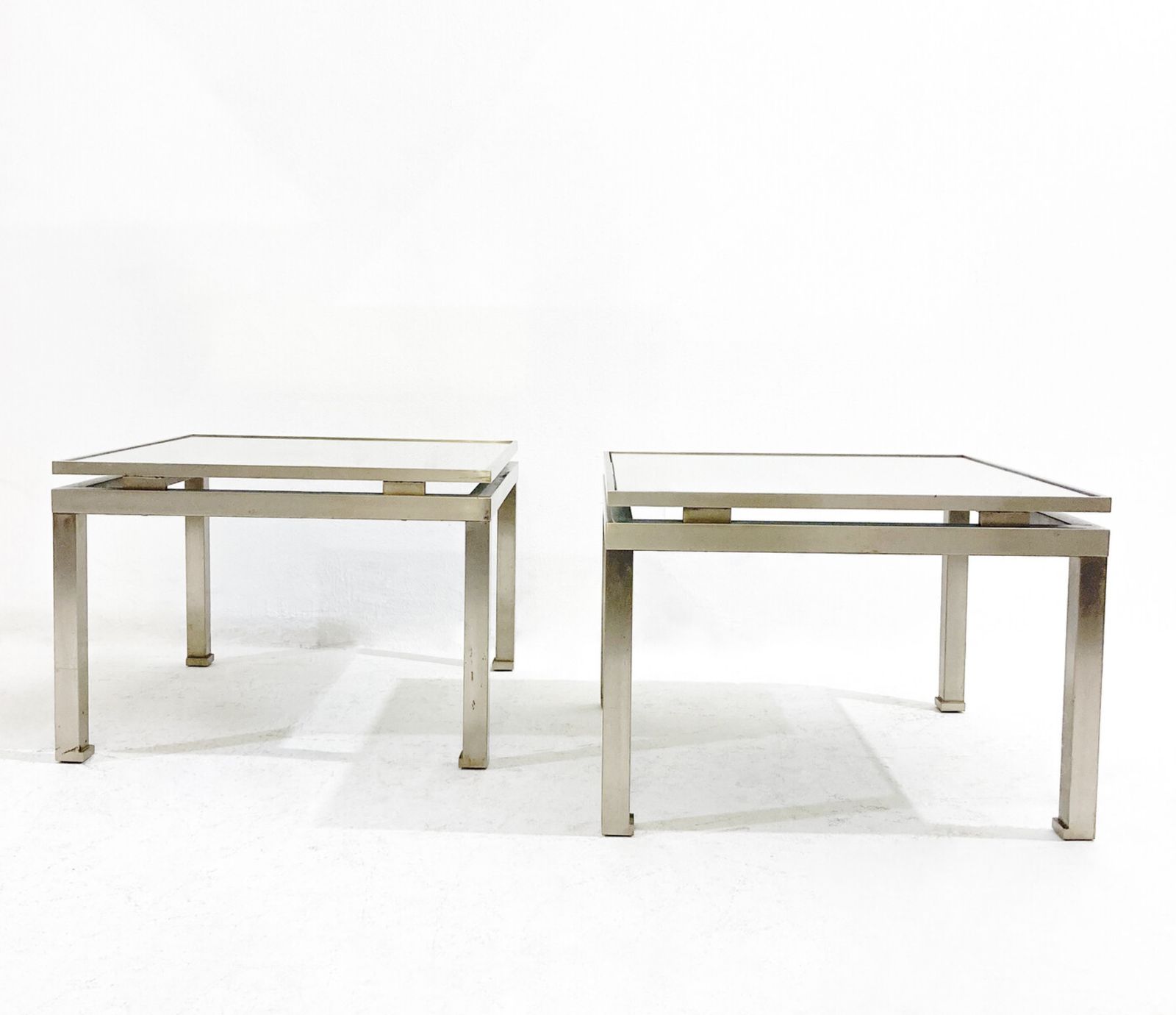 Mid Century Modern Pair Of Side Tables, Metal And Glass, Italy, 1970s