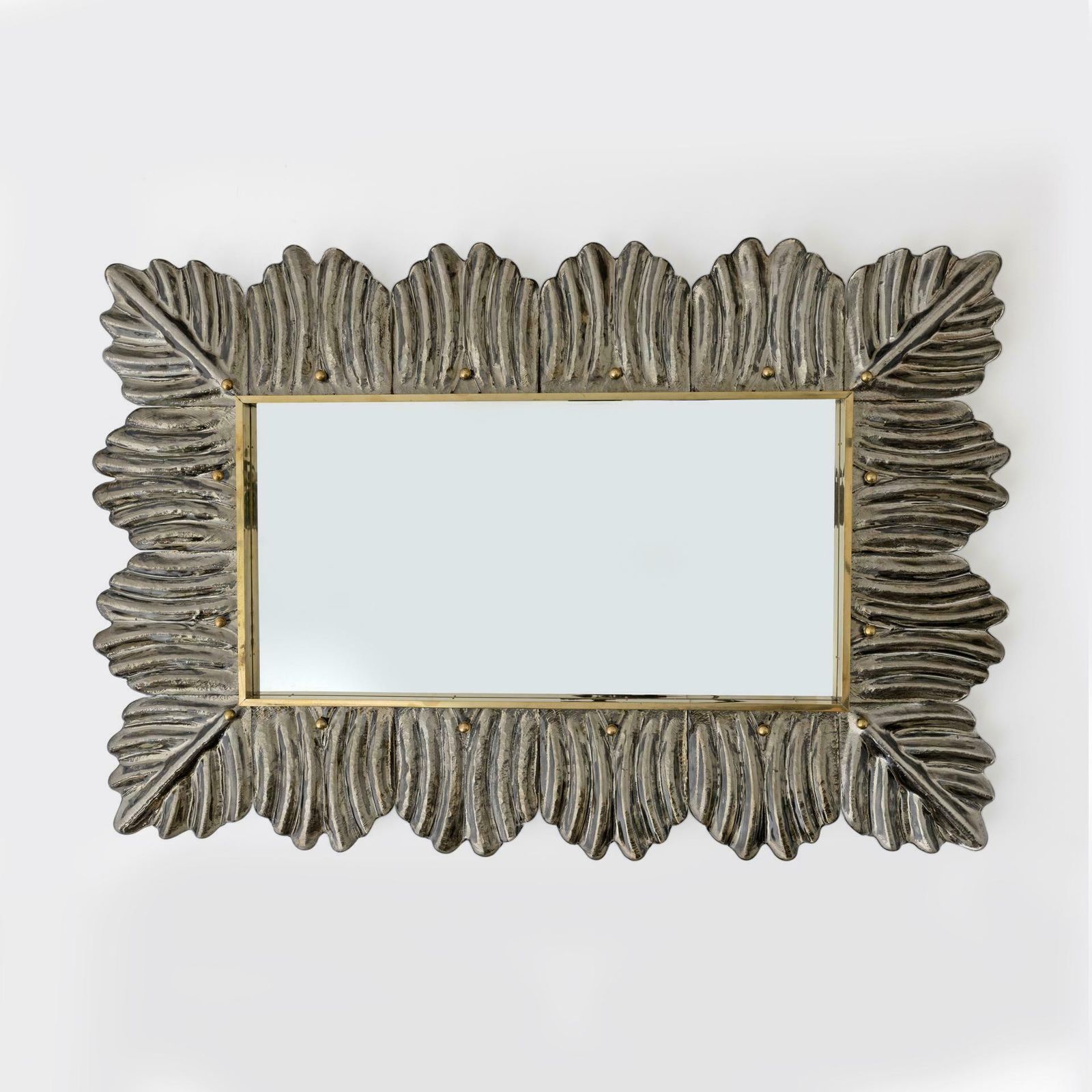 Mid Century Modern Italian Brass And Leaves Murano Glass Wall Mirror photo for sale