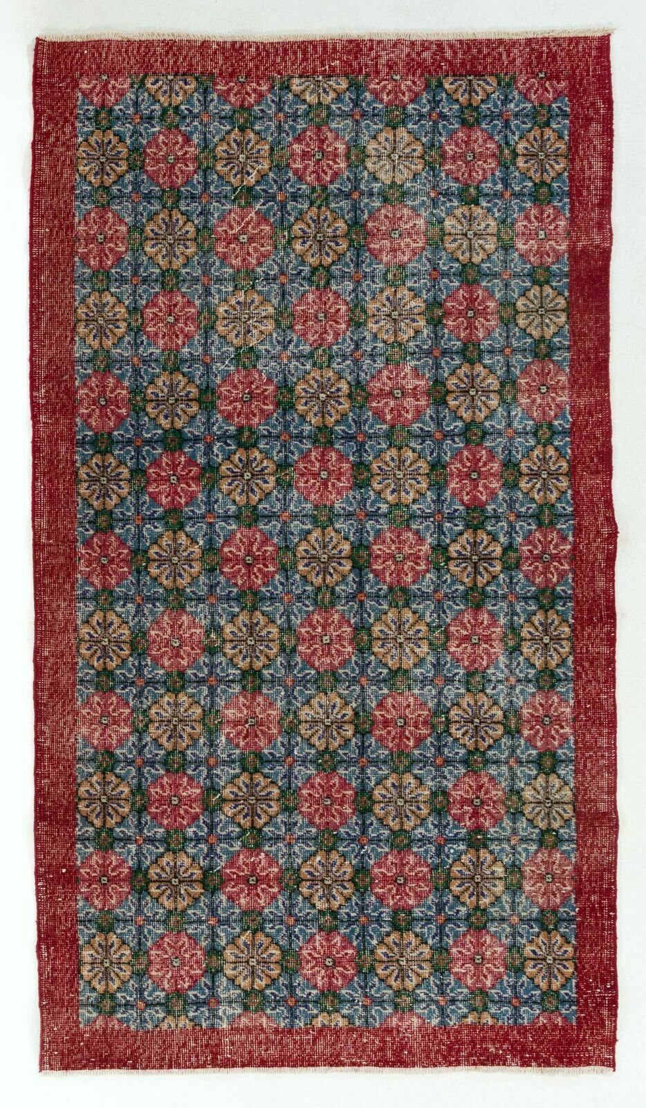 4x7 Ft Vintage Hand Knotted Turkish Floral Rug In Red And Blue