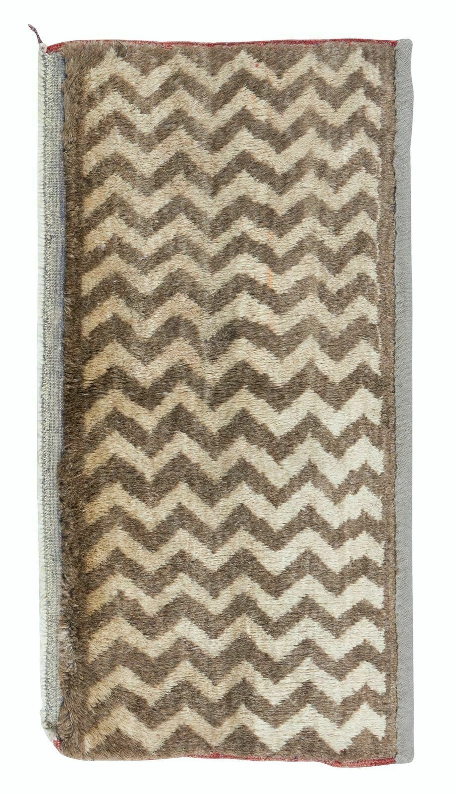 1.8x4 Ft Vintage Handmade Turkish Tulu Rug In Brown & Beige With Zig Zag Design