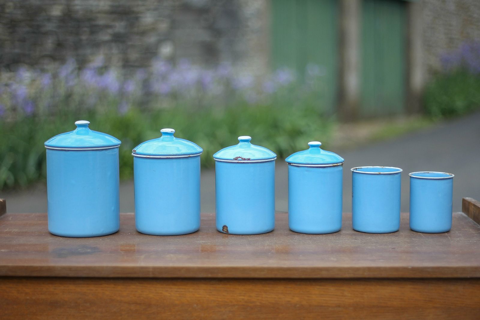 Series Of Kitchen Pots (X 6), Blue Enameled Pots, Spice Pots, Belgium, Enameled Boxes, Kitchen, Countryside, Enamelware, 40's photo furniture