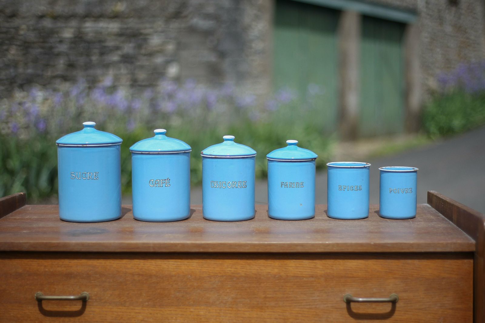 Series Of Kitchen Pots (X 6), Blue Enameled Pots, Spice Pots, Belgium, Enameled Boxes, Kitchen, Countryside, Enamelware, 40's photo for sale