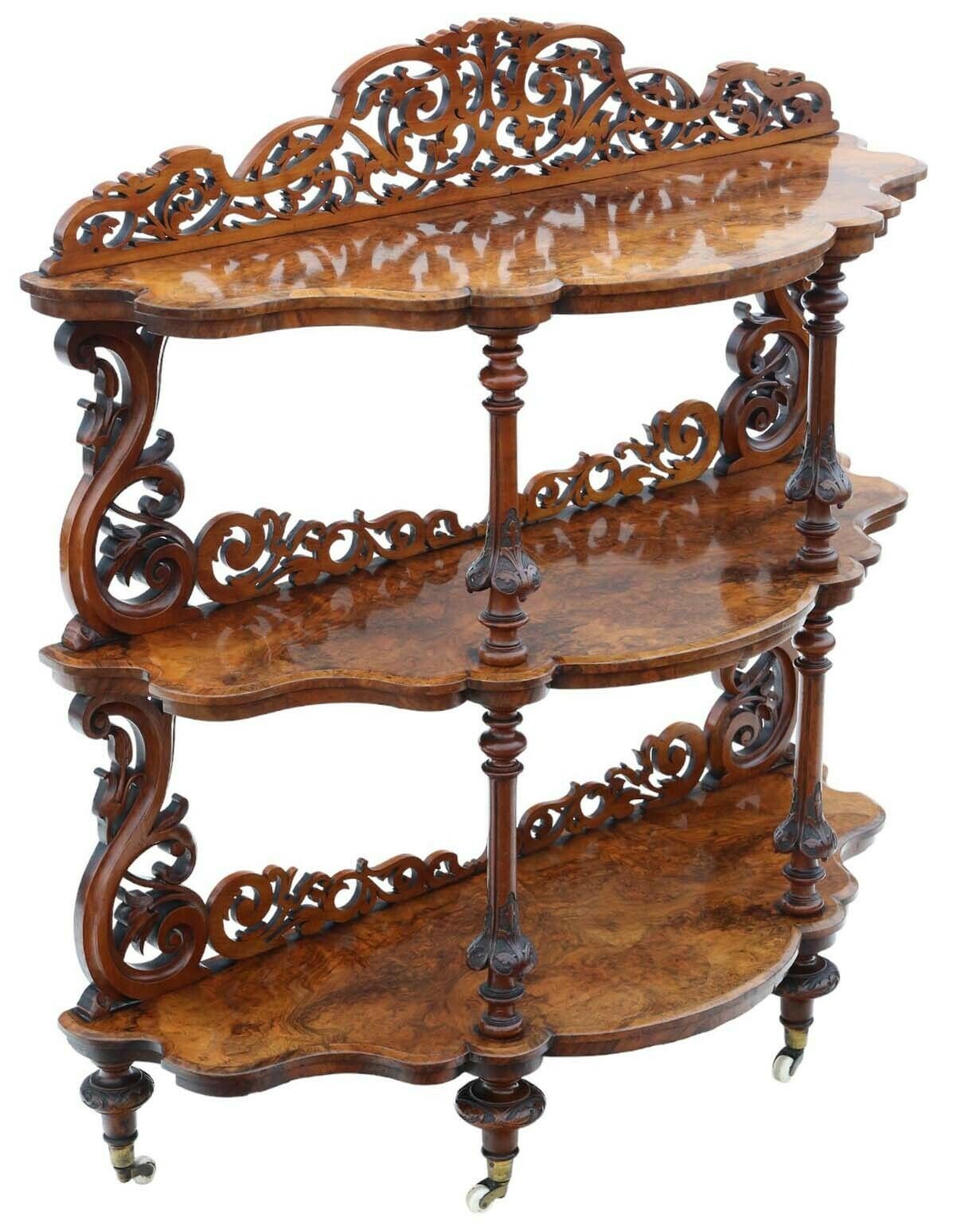 19th Century Burr Walnut Demi Lune Console Table   Fine Quality Antique Display Serving Whatnot photo for sale