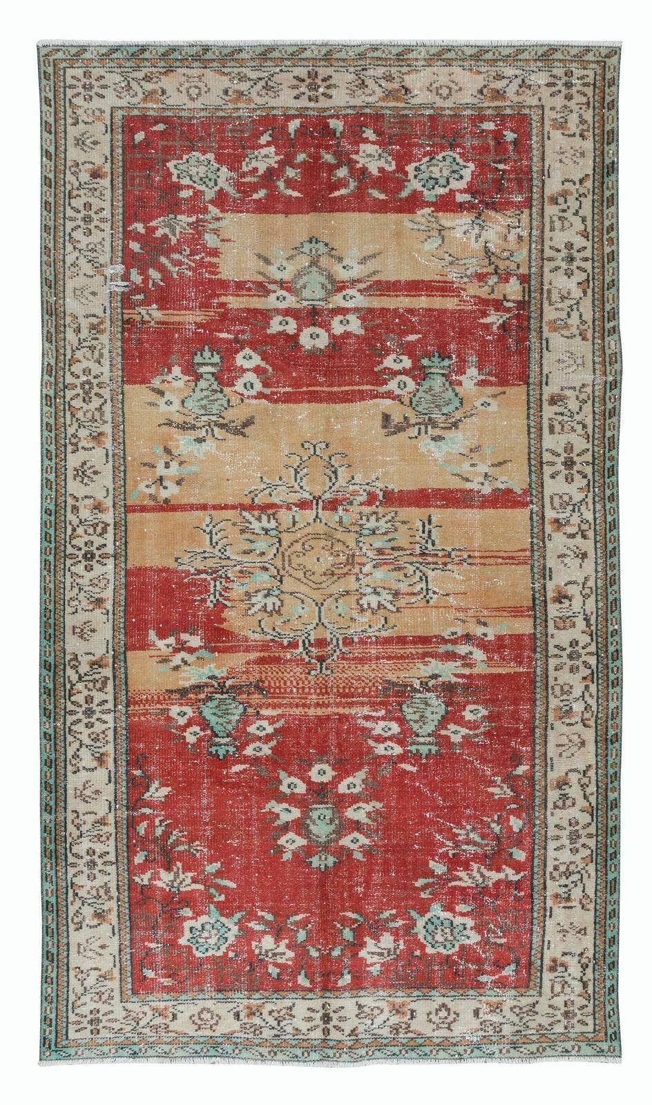 5.5x9 Ft Unusual Mid Century Art Deco Rug, Hand Knotted Carpet In Red & Beige